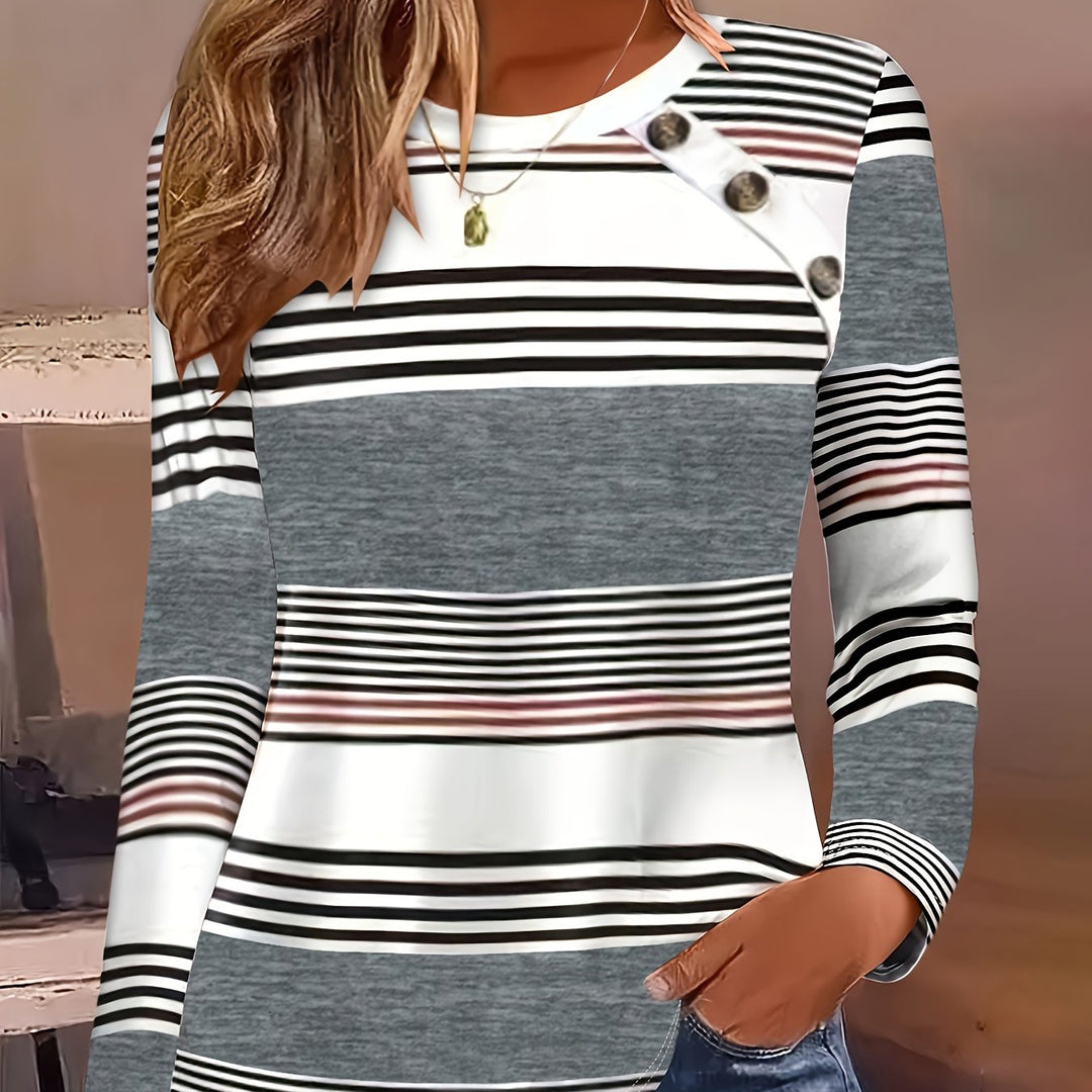 Elegant Women's Striped Long Sleeve T-Shirt with Chic Button Detail - Crew Neck, Comfort Fit, Machine Washable - Perfect for Daily Wear