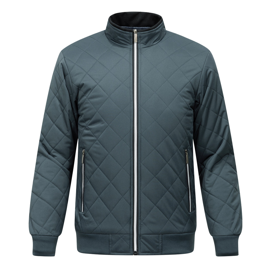 Men's Quilted Fleece-Lined Jacket - Warm & Stylish, Casual Zip-Up with Stand Collar, Long Sleeves, and Pockets - Dark Green, Polyester, Perfect for Winter, Zip Up Jacket