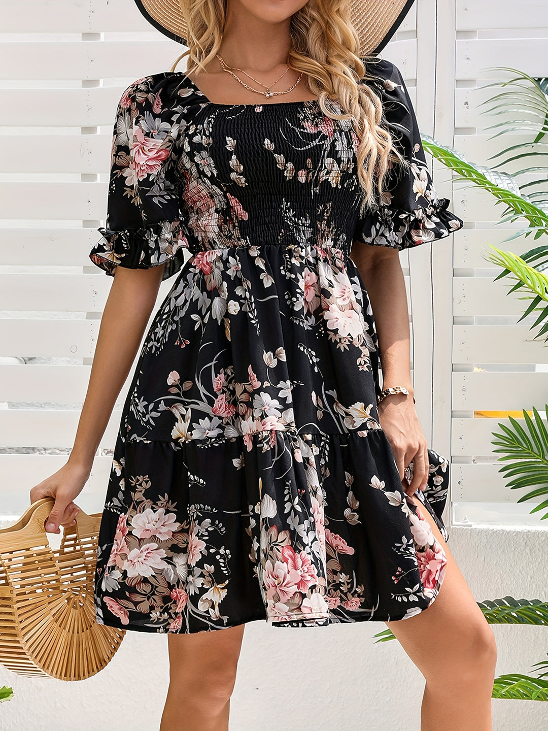 Floral Print Square Neck Shirred Dress, Elegant Short Sleeve Ruffle Hem A-line Dress for Spring & Summer, Women's Clothing