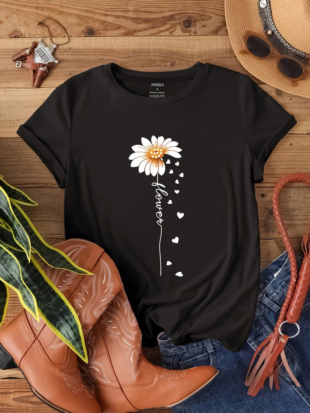 Faith Letter & Flower Print T-shirt, Casual Short Sleeve Crew Neck Top, Women's Clothing, Valentine's Day