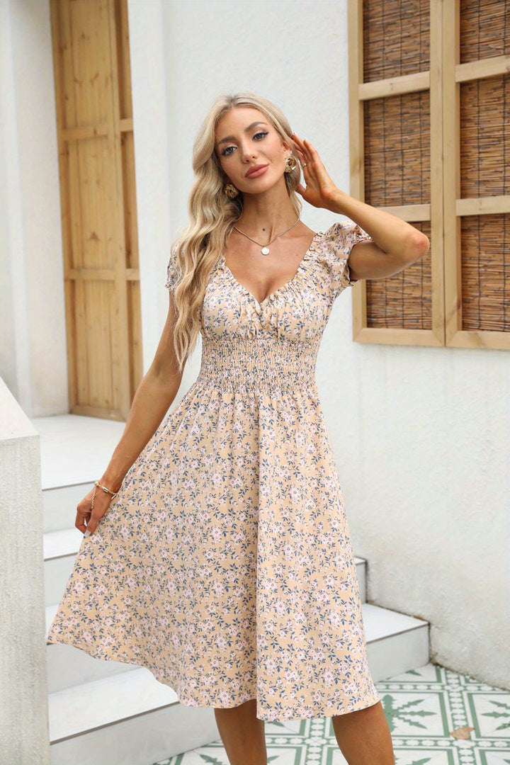 Women'S Floral Print Midi Dress, V-Neck Ruched Bust with Bubble Sleeves, Sheath Silhouette, Polyester 100%, Summer Season, Regular Fit, X-Contour, No Belt, Long Length, Woven Fabric 90g/m²