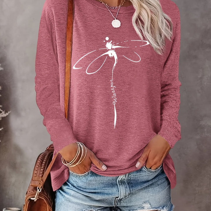 Dragonfly Print Crew Neck Pullover Sweatshirt, Casual Long Sleeve Sweatshirt For Spring & Fall, Women's Clothing