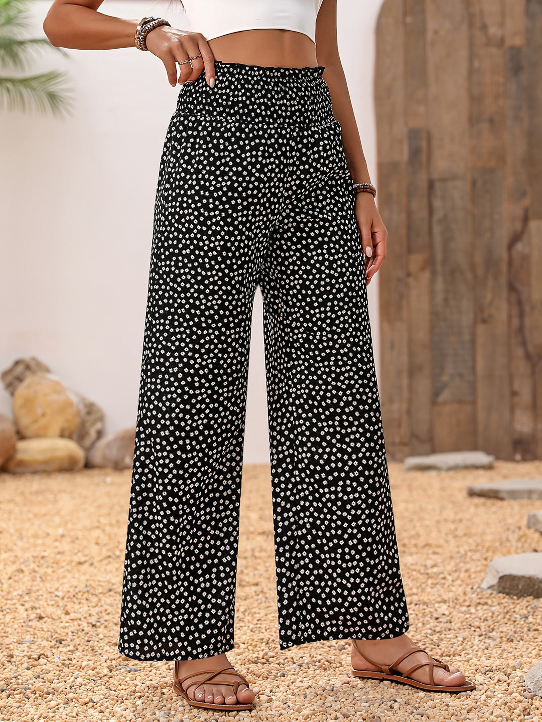 Floral Print Wide Leg Shirred Pants, Casual Loose Pants For Spring & Summer, Women's Clothing