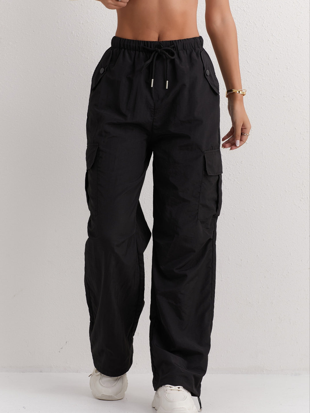 Slant Pockets Straight Leg Cargo Pants, Casual Drawstring Waist Pants For Spring & Summer, Women's Clothing