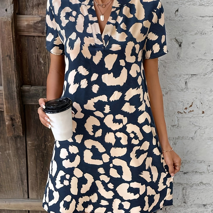 Allover Print V Neck Dress – Casual Short Sleeve