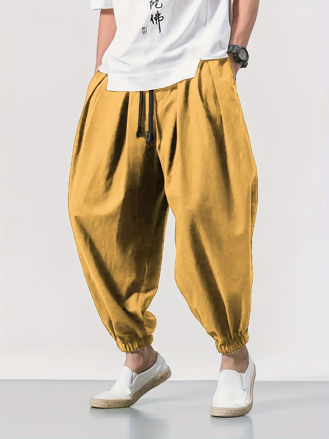 Men's Casual Solid Comfy Harem Pants With Drawstring, Hip Hop Style Trousers For Spring And Autumn