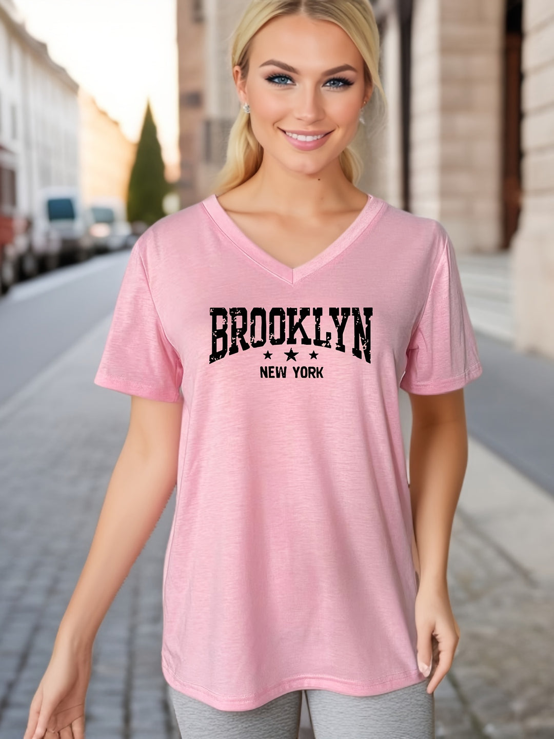 Brooklyn Print T-Shirt, Short Sleeve V Neck Summer Casual Top, Women's Clothing