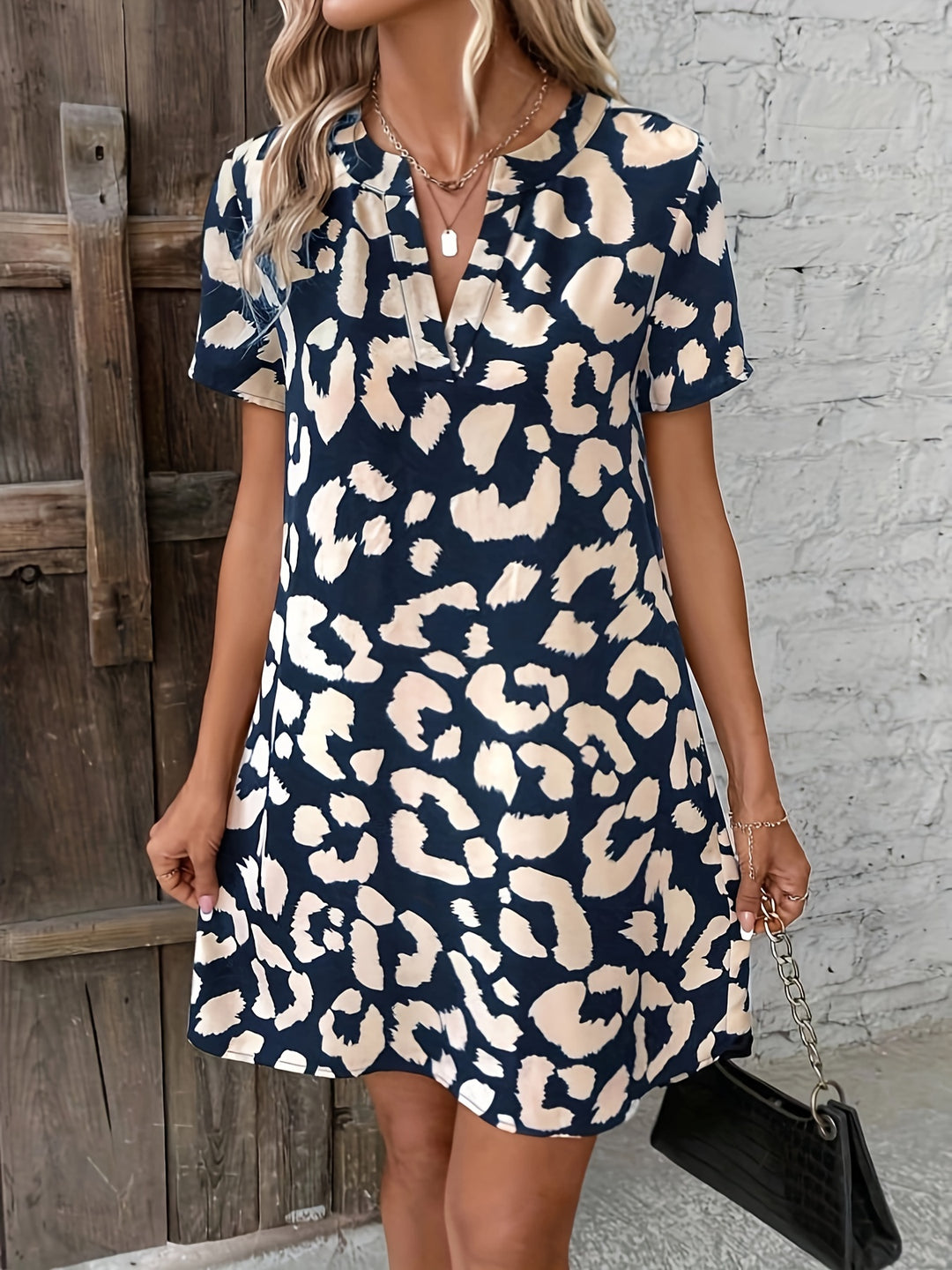 Allover Print V Neck Dress – Casual Short Sleeve