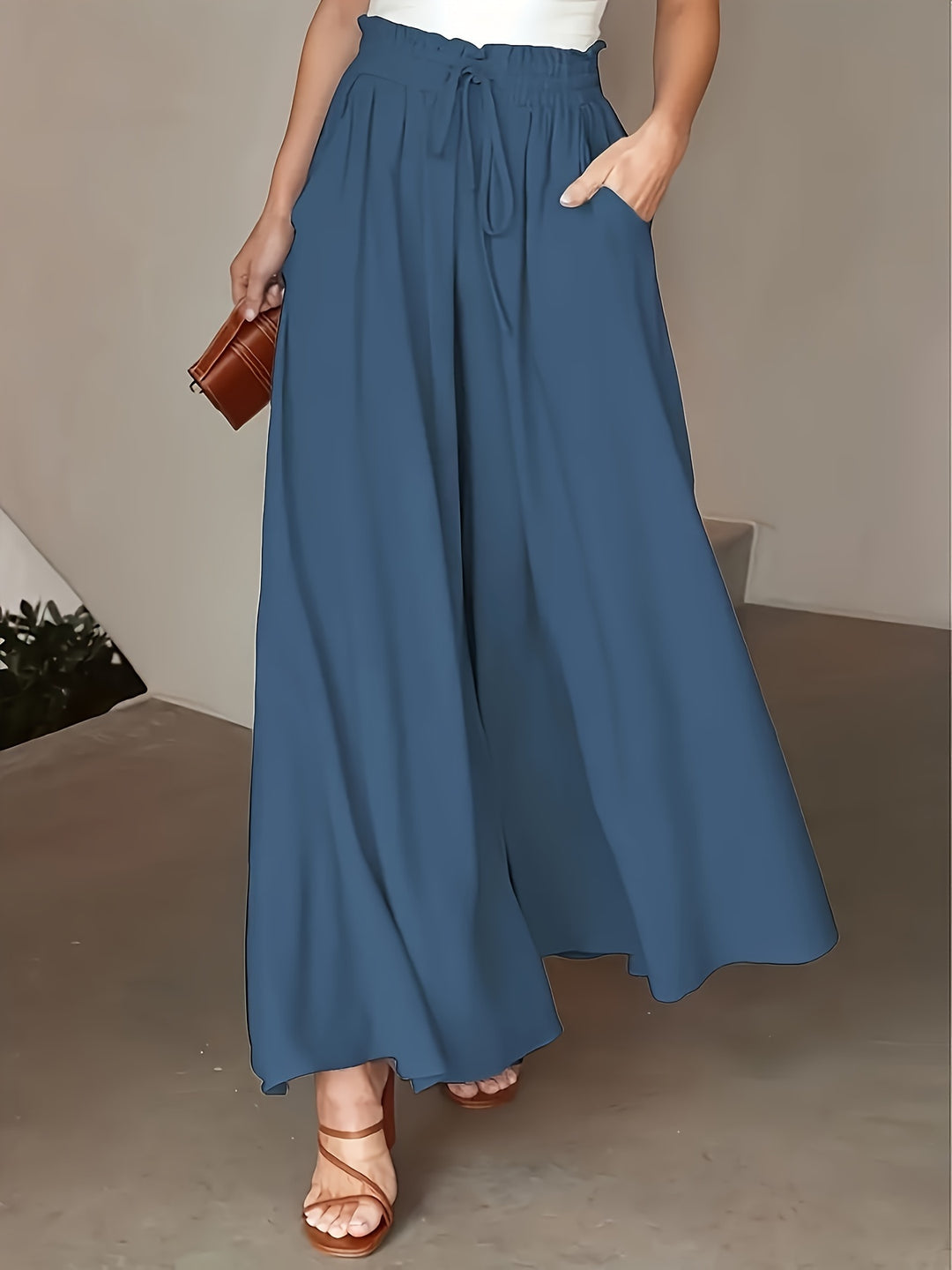 Chic Elastic Waist Tied Wide Leg Pants - Casual Loose Fit for Spring & Summer - Comfortable Womens Clothing