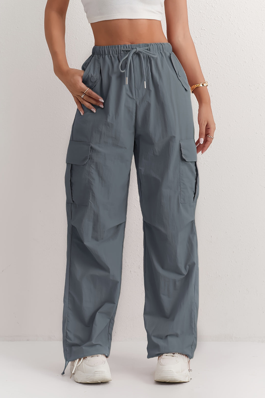 Slant Pockets Straight Leg Cargo Pants, Casual Drawstring Waist Pants For Spring & Summer, Women's Clothing