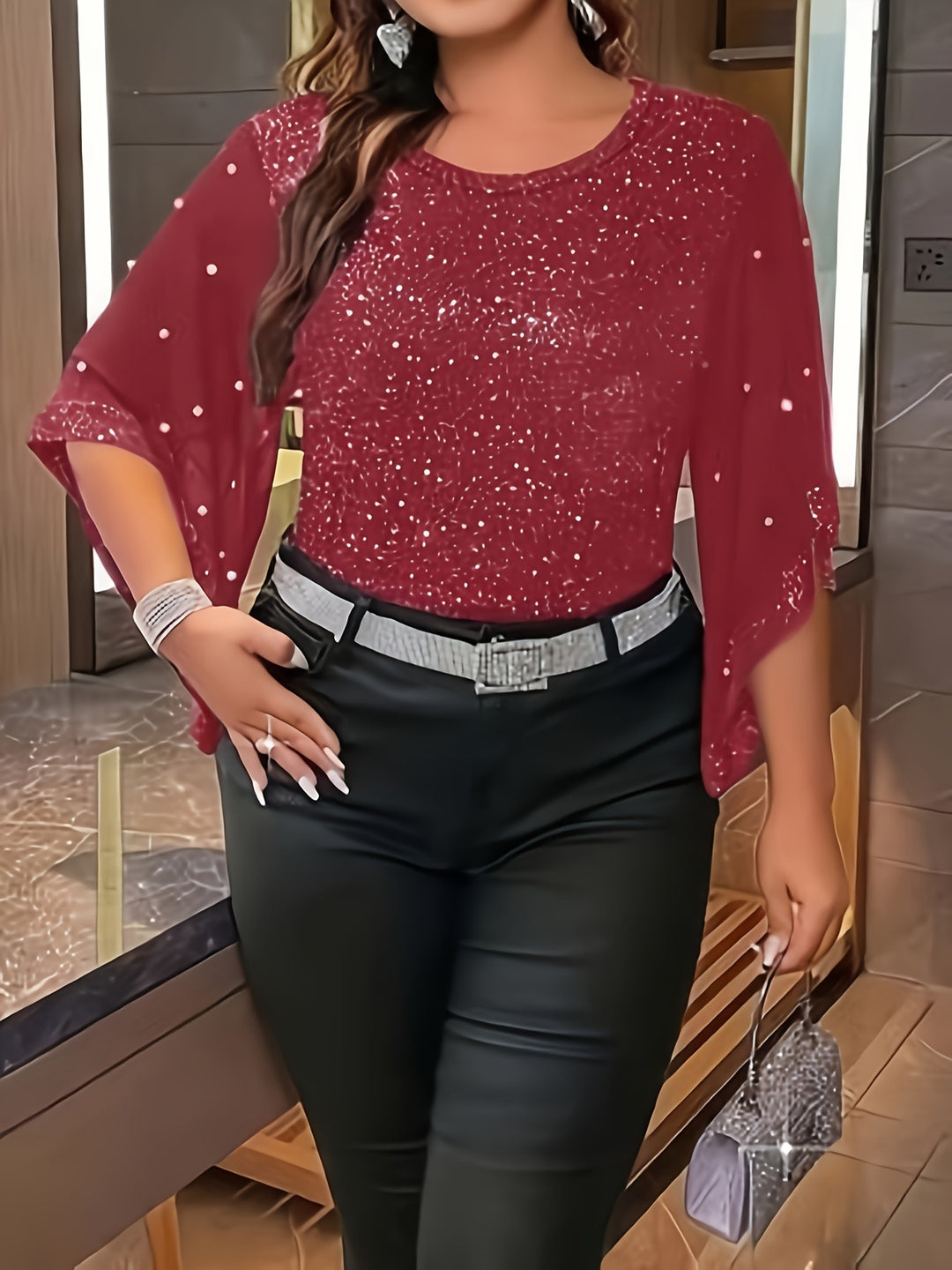 Plus Size Shiny Solid Beaded Top, Casual Crew Neck Irregular Sleeve Top For Spring & Summer, Women's Plus Size Clothing