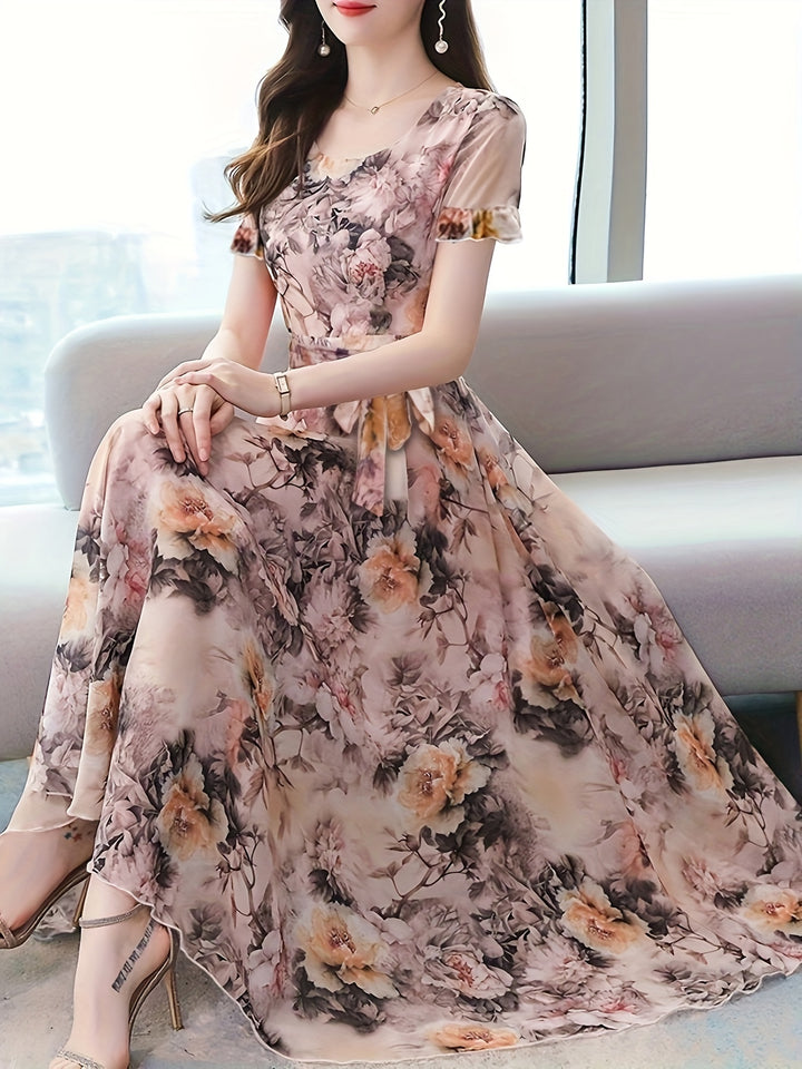 Floral Print Crew Neck Dress, Elegant Short Sleeve Dress For Spring & Summer, Women's Clothing For Elegant Dressing