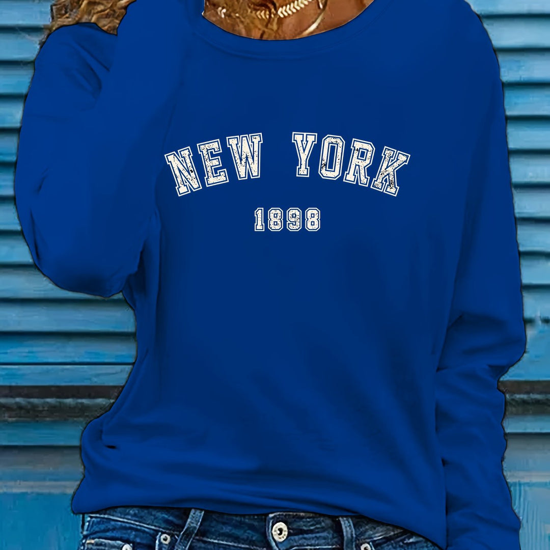 New York Print Crew Neck T-shirt, Casual Long Sleeve Top For Spring & Fall, Women's Clothing