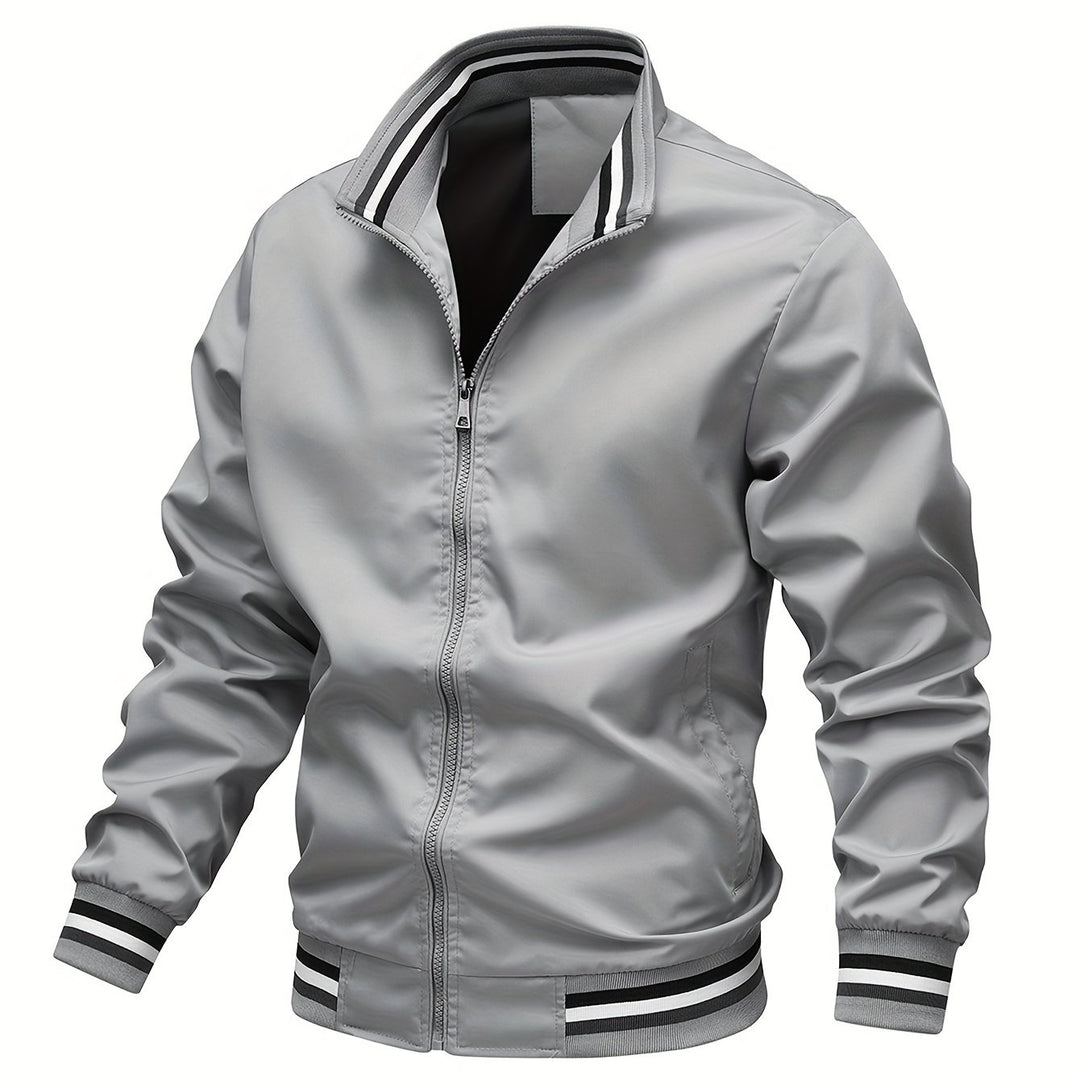 Stripe Edge Bomber Jacket, Men's Casual Stand Collar Zip Up Jacket For Spring Summer Outdoor