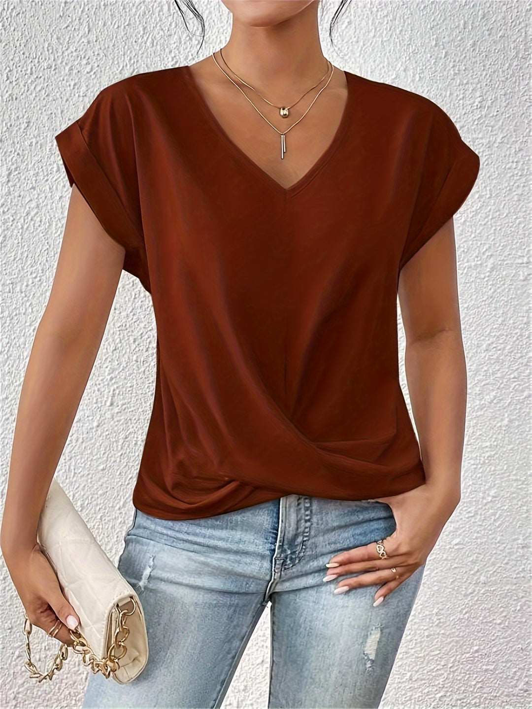 Knot V Neck T-Shirt, Casual Short Sleeve T-Shirt For Spring & Summer, Women's Clothing