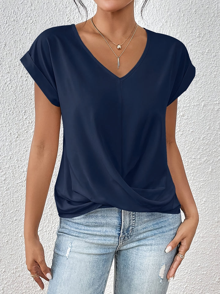 Knot V Neck T-Shirt, Casual Short Sleeve T-Shirt For Spring & Summer, Women's Clothing