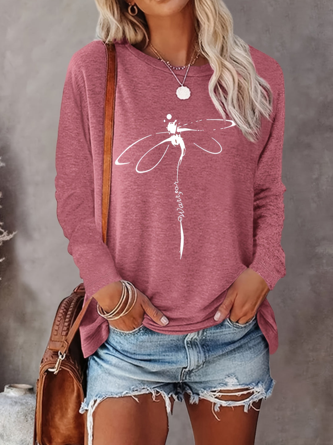 Dragonfly Print Crew Neck Pullover Sweatshirt, Casual Long Sleeve Sweatshirt For Spring & Fall, Women's Clothing