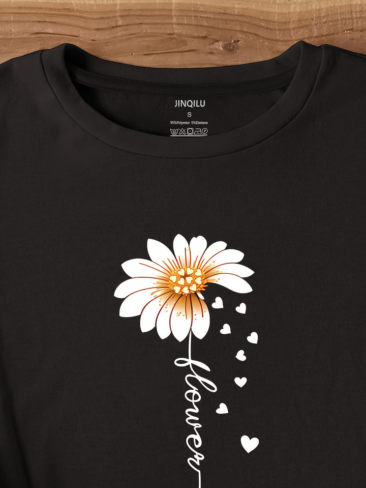 Faith Letter & Flower Print T-shirt, Casual Short Sleeve Crew Neck Top, Women's Clothing, Valentine's Day