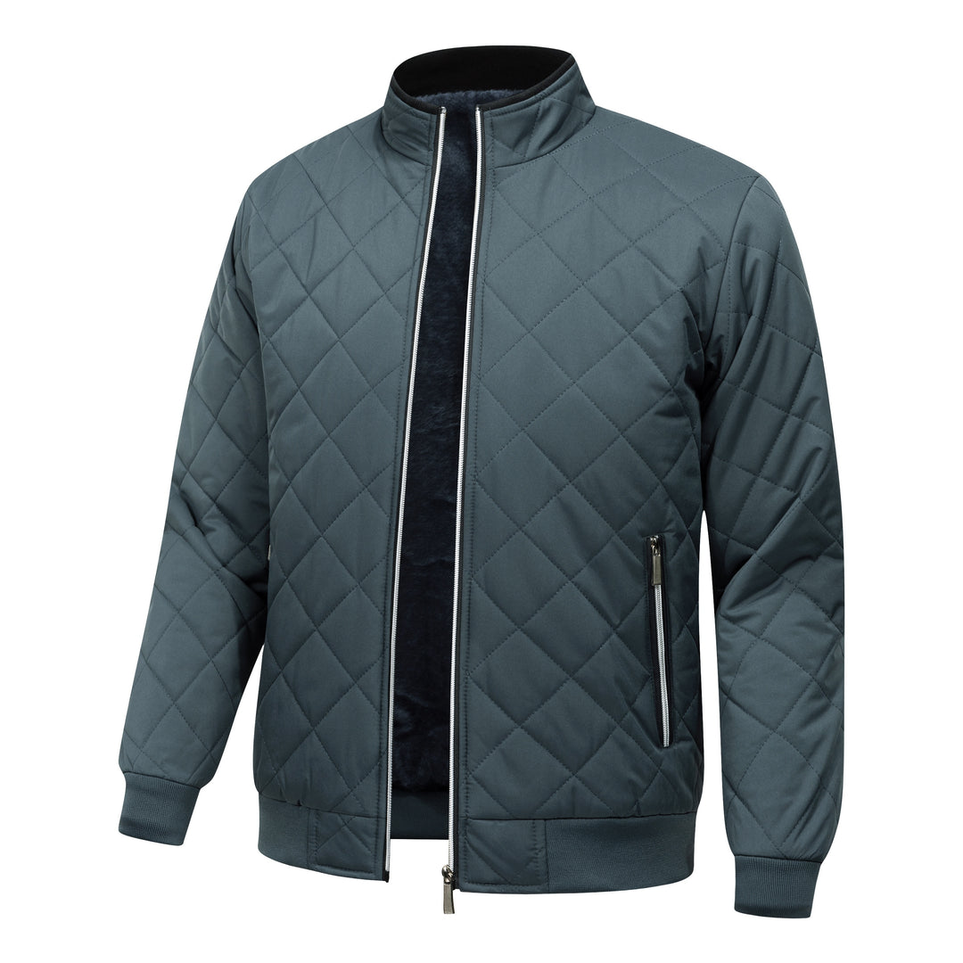 Men's Quilted Fleece-Lined Jacket - Warm & Stylish, Casual Zip-Up with Stand Collar, Long Sleeves, and Pockets - Dark Green, Polyester, Perfect for Winter, Zip Up Jacket