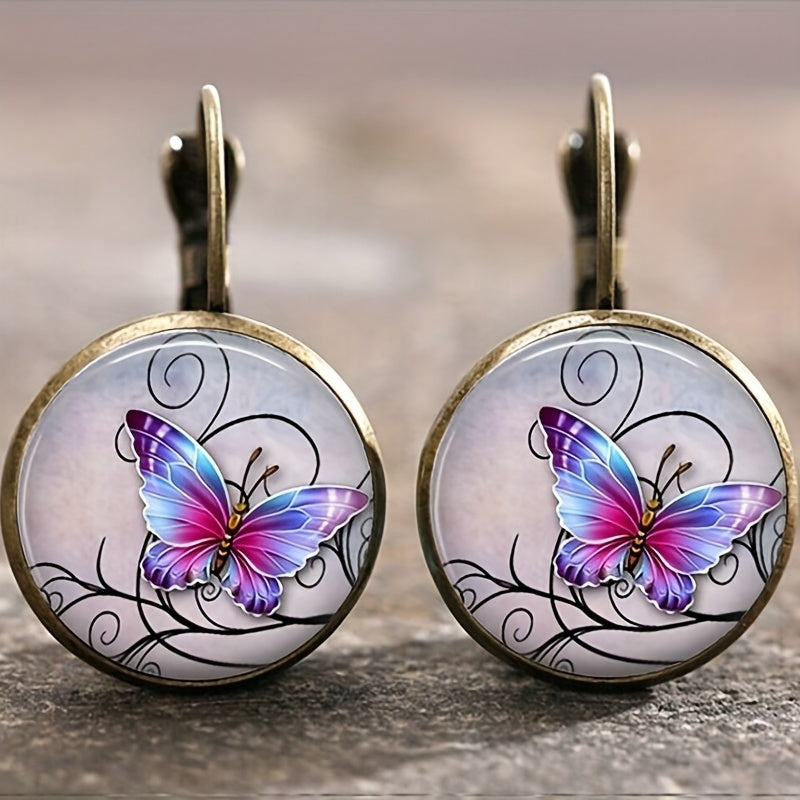 Vintage Time Gemstone Glass Earrings Sunflower Tree Butterfly Pattern Ear Jewelry