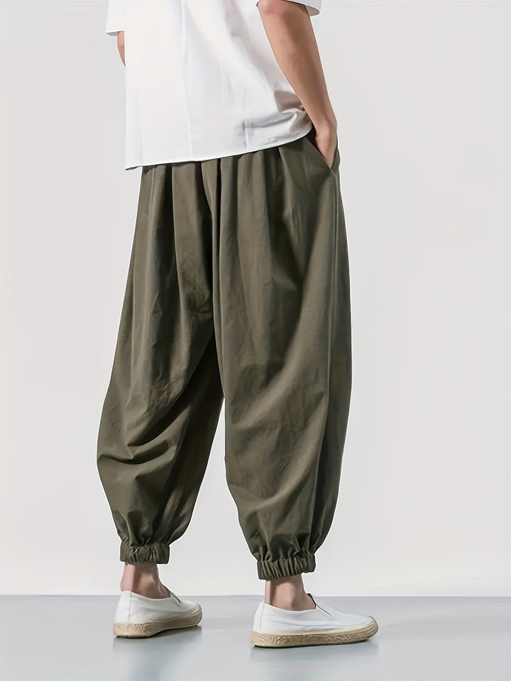 Men's Casual Solid Comfy Harem Pants With Drawstring, Hip Hop Style Trousers For Spring And Autumn