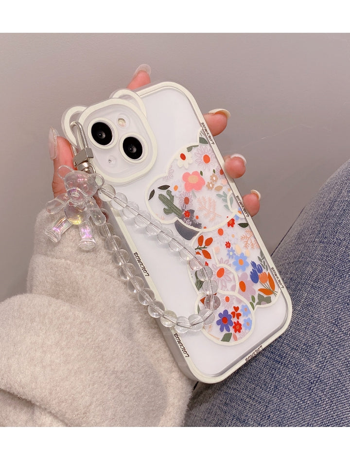 Cute Cartoon Bear & Flower Pattern Phone Case with Bead Bracelet for iPhone 13/11/14 Pro Max/12 XR/XS/7/8 Plus SE 2020/2022 SE/Mini 2022