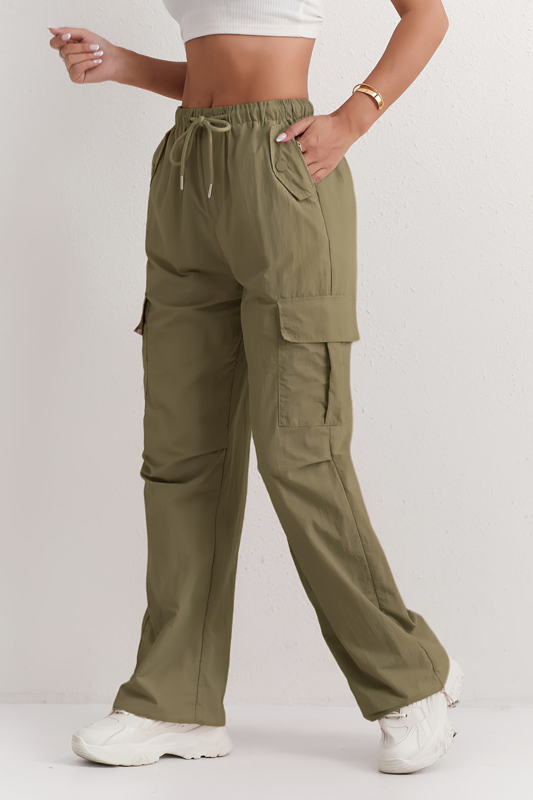 Slant Pockets Straight Leg Cargo Pants, Casual Drawstring Waist Pants For Spring & Summer, Women's Clothing