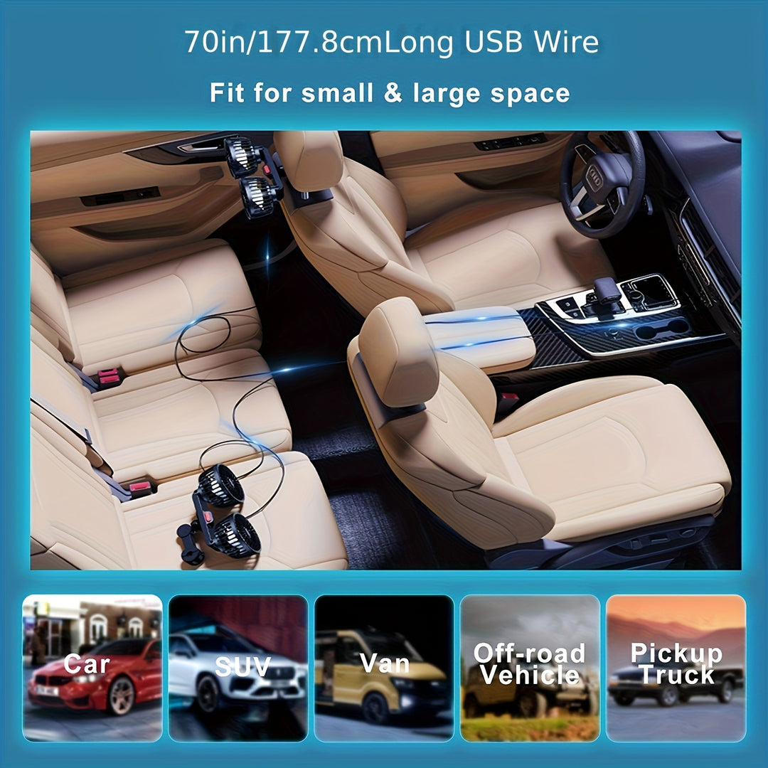 Car Fan, Car Small Air Conditioner, Dual-Head Rear Fan, Strong Wind, 5 Blades, 360 Degree Rotation, Extra Large Air Volume, Super Low Sound Operation, Easy Clip Installation, Foldable and Hidden Under the Headrest, Disassembl