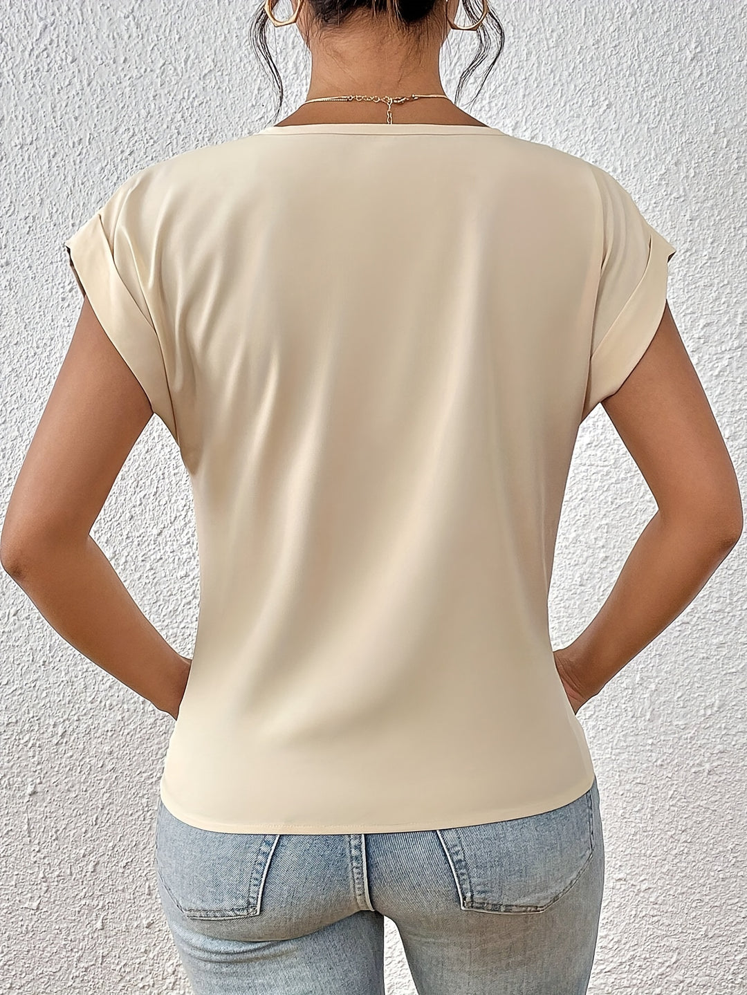 Knot V Neck T-Shirt, Casual Short Sleeve T-Shirt For Spring & Summer, Women's Clothing