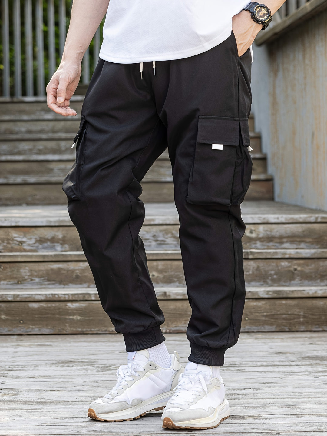 Loose Men's Comfy Cargo Pants With Flap Pockets, Drawstring Jogger Pants