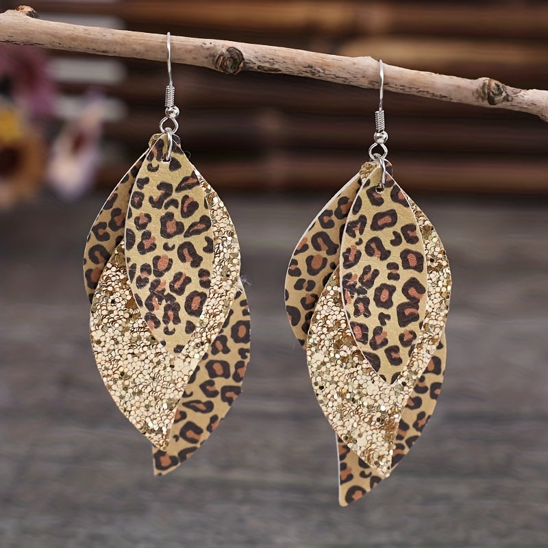 Vintage Triple Leopard PU Leather Sequin Layer Earrings