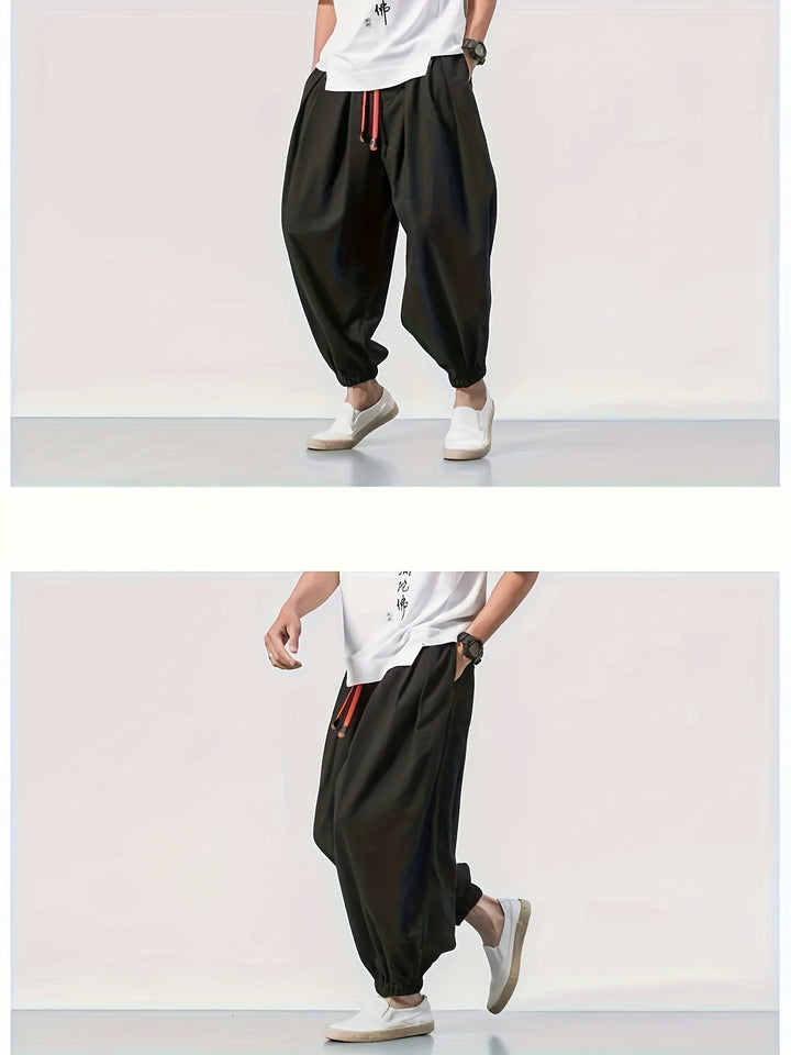 Men's Casual Solid Comfy Harem Pants With Drawstring, Hip Hop Style Trousers For Spring And Autumn