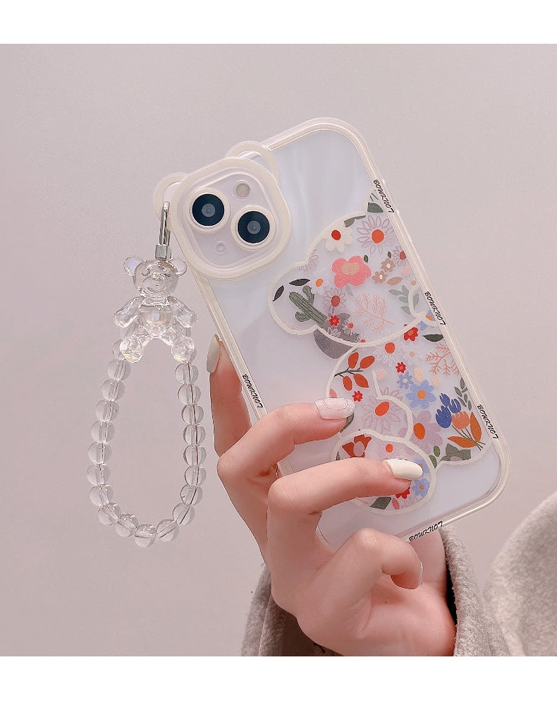 Cute Cartoon Bear & Flower Pattern Phone Case with Bead Bracelet for iPhone 13/11/14 Pro Max/12 XR/XS/7/8 Plus SE 2020/2022 SE/Mini 2022