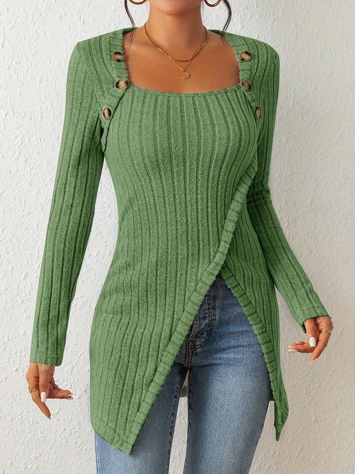 Square Neck Slim Fit Knit Button Decor Slit Hem Slim Fit Casual Long Sleeve T-shirt