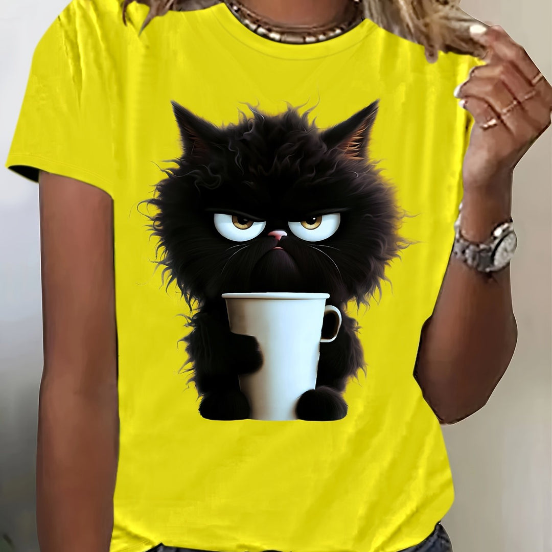 Vibrant Cat Pop Art Print Short Sleeve Crew Neck T-shirt - Soft Mid-Elasticity Polyester Knit Fabric, Regular Length, Casual Summer Top for Women - Perfect for Spring and Summer Outings