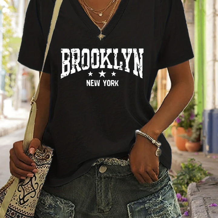 Brooklyn Print T-Shirt, Short Sleeve V Neck Summer Casual Top, Women's Clothing