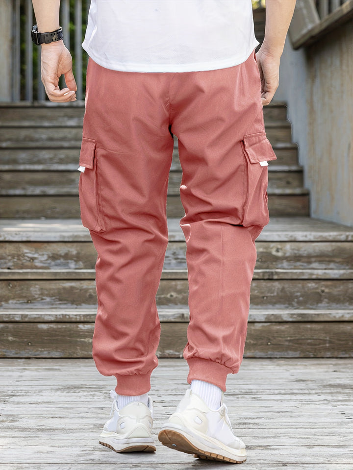 Loose Men's Comfy Cargo Pants With Flap Pockets, Drawstring Jogger Pants