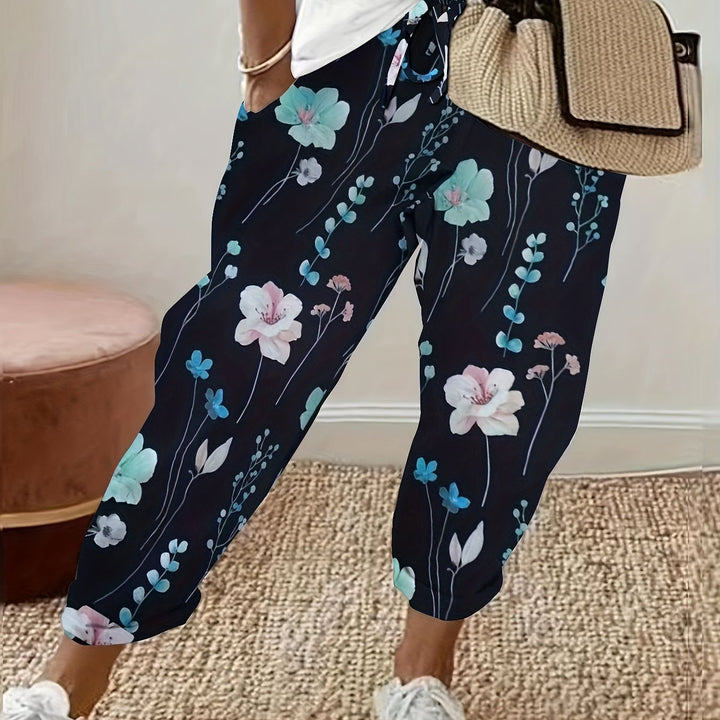 Women's Versatile Floral Drawstring Pants - Straight-Leg Style with Dual Pockets, Comfort-Fit for All Seasons, Ideal for Casual Outings and Everyday Wear