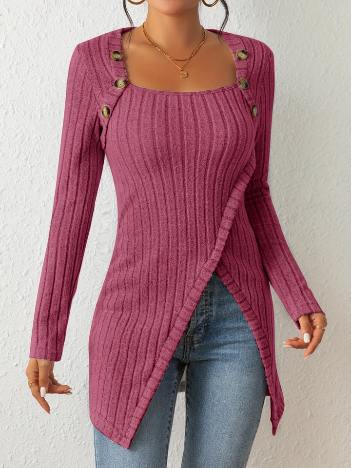 Square Neck Slim Fit Knit Button Decor Slit Hem Slim Fit Casual Long Sleeve T-shirt