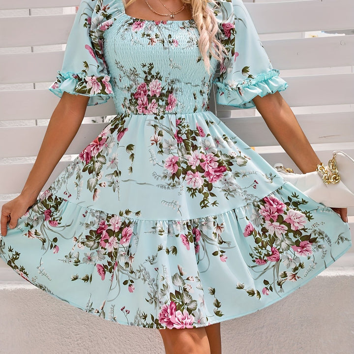 Floral Print Square Neck Shirred Dress, Elegant Short Sleeve Ruffle Hem A-line Dress for Spring & Summer, Women's Clothing