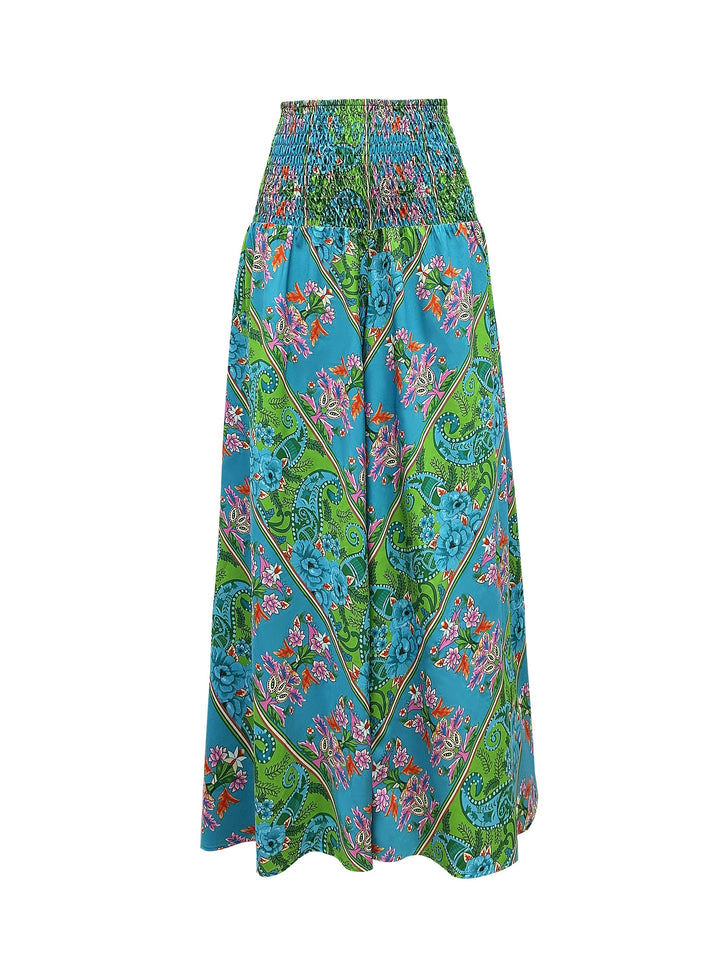 Vibrant Boho Floral Print High Waist Shirred Waist Pants - Soft, Breathable, Comfortable, Versatile, and Flattering - Perfect for Spring and Summer, Womens Casual Clothing, Ideal for Outdoor Activities and Daily Wear