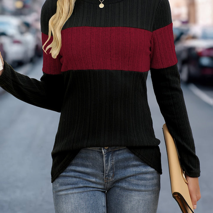 Color Block Crew Neck Top, Casual Long Sleeve Top For Fall & Winter, Women's Clothing