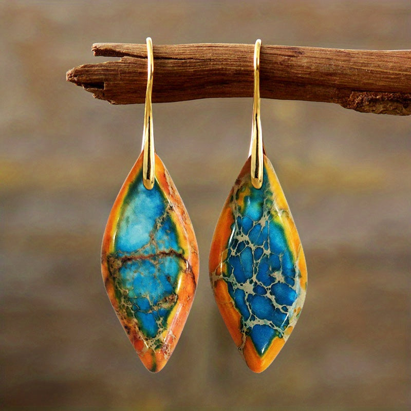 Exquisite Bohemian Imperial Stone Leaf Dangle Earrings - Natural, Handcrafted, Hypoallergenic Jewelry Gift for Women - Unique, Statement-Making, Everyday Accessory