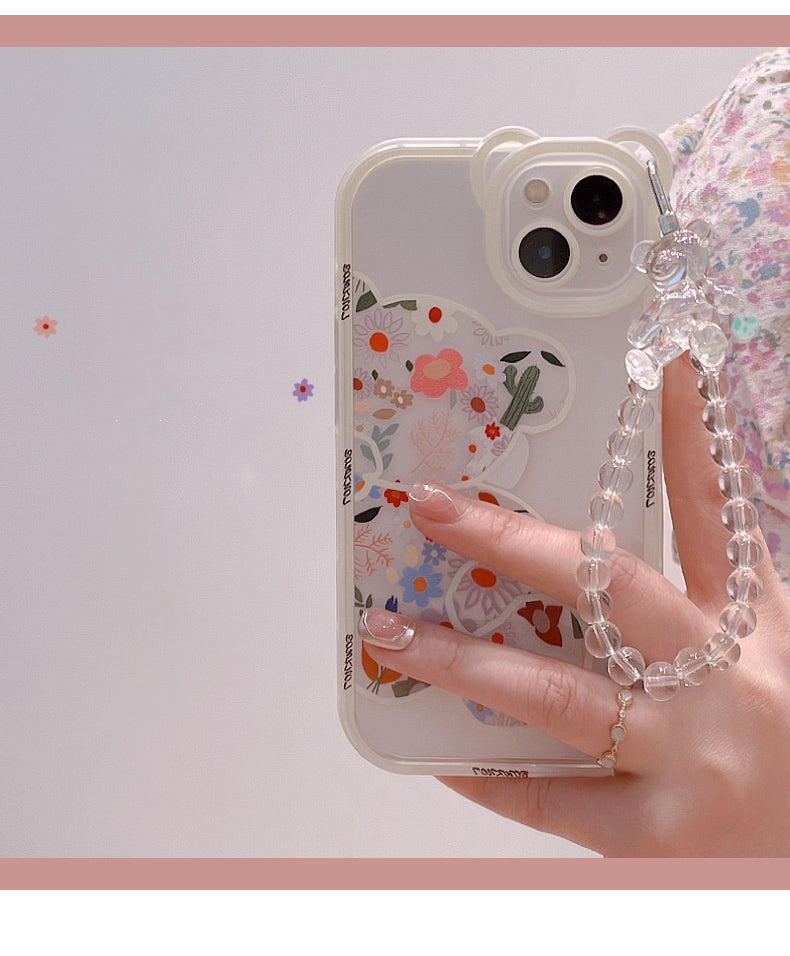 Cute Cartoon Bear & Flower Pattern Phone Case with Bead Bracelet for iPhone 13/11/14 Pro Max/12 XR/XS/7/8 Plus SE 2020/2022 SE/Mini 2022