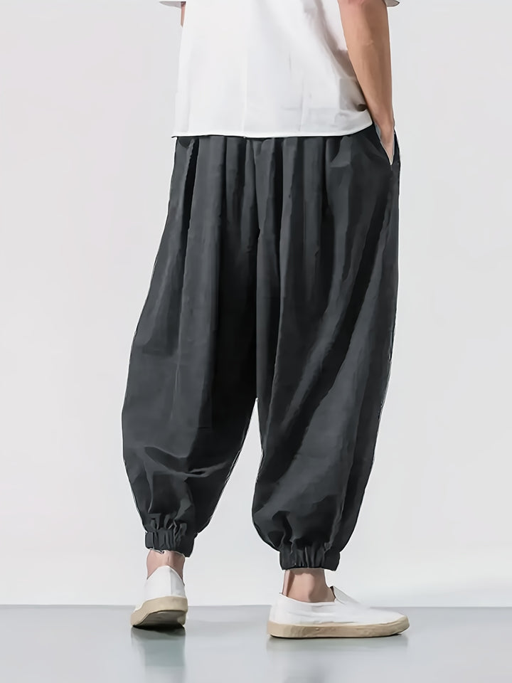 Men's Casual Solid Comfy Harem Pants With Drawstring, Hip Hop Style Trousers For Spring And Autumn