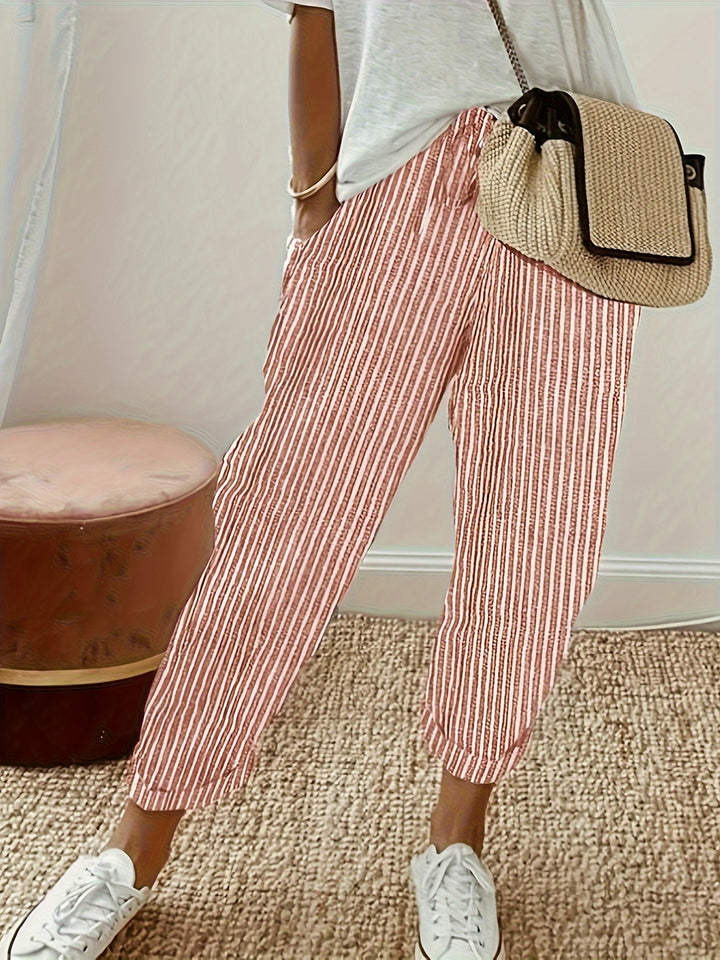 Womens Breathable Striped Drawstring Pants - Lightweight Pocketed Spring/Summer Casual Wear