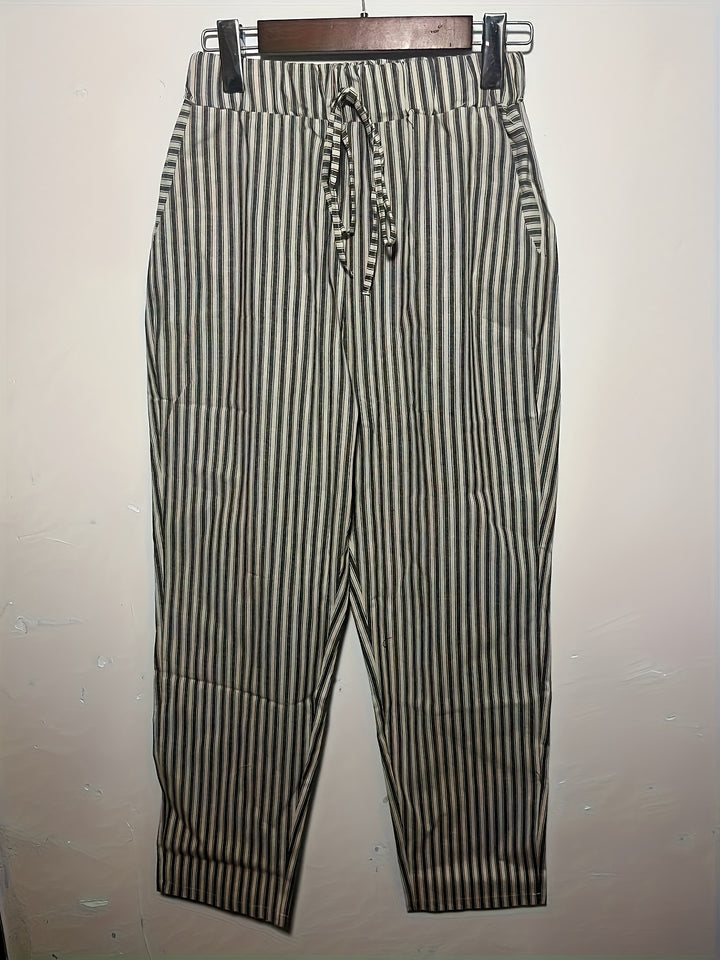 Womens Breathable Striped Drawstring Pants - Lightweight Pocketed Spring/Summer Casual Wear