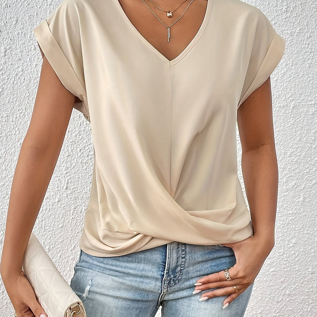 Knot V Neck T-Shirt, Casual Short Sleeve T-Shirt For Spring & Summer, Women's Clothing