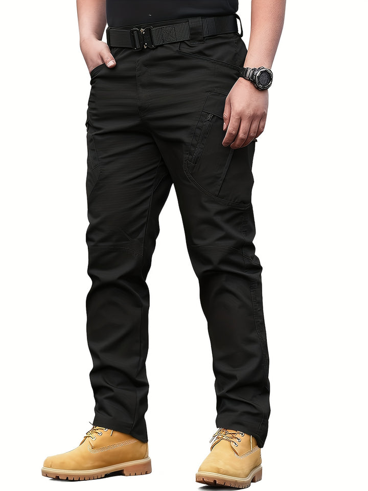 Men's Tactical Pants with Multiple Pockets, Solid Color Polyester, Machine Washable - All Seasons