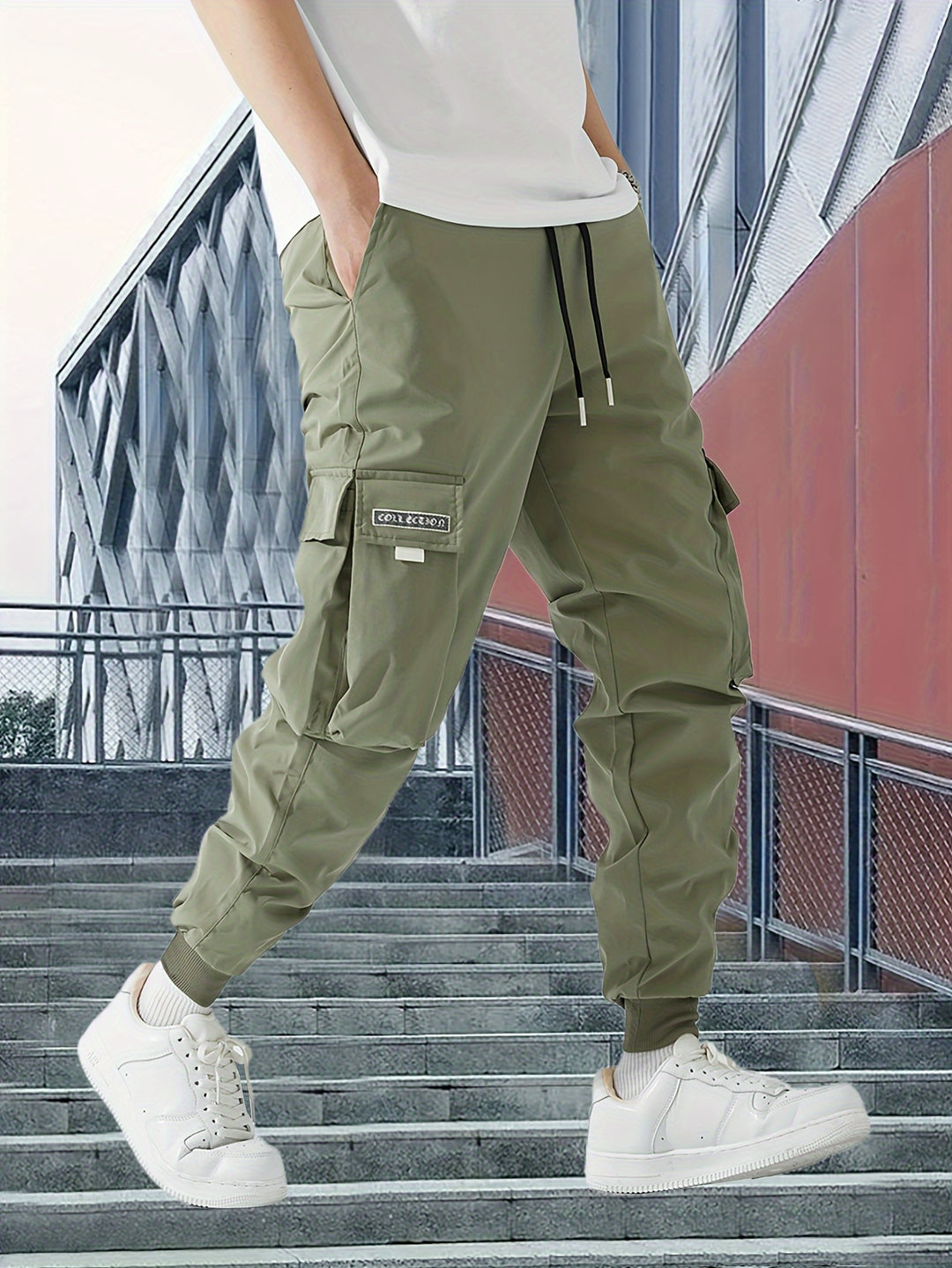 Casual Cargo Design| Men's Olive Green Cargo Pants - Durable Polyester, Casual Style with Multi-Pocket Design & Drawstring Waist, Non-Stretch Woven Fabric, Ideal for Spring/Fall Outdoor Activities, Plus Size Cargo Pants